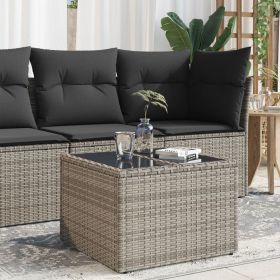 Garden Table Gray PE Rattan, Tempered Glass, Powder-Coated Steel