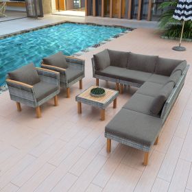 GO 9-Piece Patio Rattan Furniture Set, Outdoor Conversation Set With Acacia Wood Legs and Tabletop, PE Rattan Sectional Sofa Set with Coffee Tabl