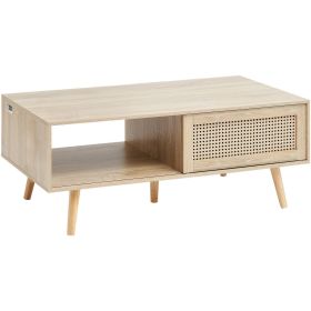 VEVOR Rattan Coffee Table, Mid Century Coffee Table, Rectangle Wood Coffee Table, 42 Inch Modern Boho Style Two Layers Storage Coffee Table