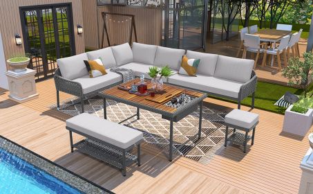 K&K 6-Piece Rope Patio Furniture L-Shaped Set, Outdoor Sectional Sofa Set with Acacia Wood Table with Ice Box, Rope Benches (Color: as Pic)