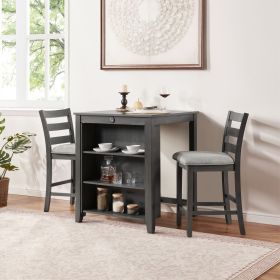 30" Modern Dining Table Set for 2 with Charging Station & 3-Tier Adjustable Storage | Space-Saving Kitchen Set with Upholstered Chairs for Small (Main Material: Solid Wood+MDF, Main Color: Gray)