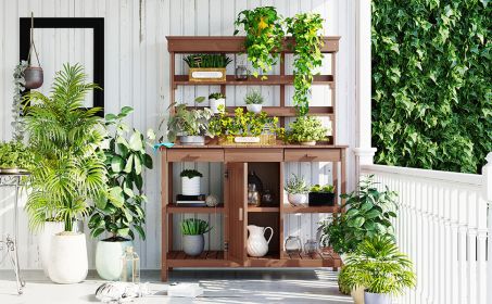 TOPMAX 66" Large Outdoor Farmhouse Wooden Potting Bench Table, Garden Workstation with 2 Drawers, Cabinet and Open Shelves for Backyard, Mudroom (Color: as Pic)